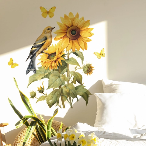 Adesivo Murale Creativo Dipinto Girasoli Uccelli Farfalle PVC Moderno Minimalista Decalcomania Autoadesiva per Pareti Soggiorno