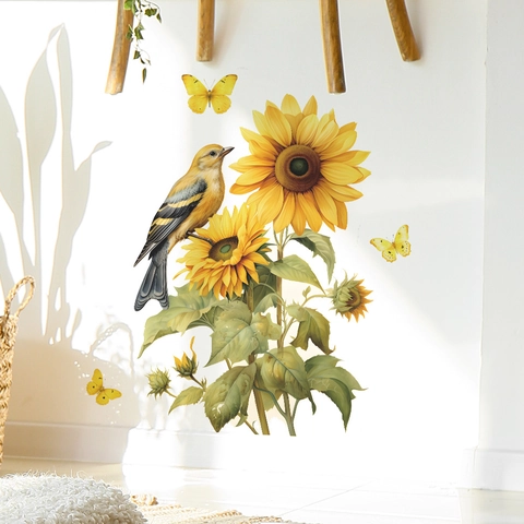 Adesivo Murale Creativo Dipinto Girasoli Uccelli Farfalle PVC Moderno Minimalista Decalcomania Autoadesiva per Pareti Soggiorno