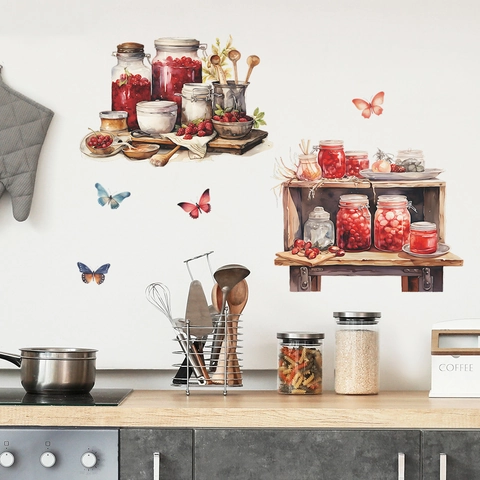 Watercolor Butterfly Kitchen Jam Jar Wall Stickers PVC Self Adhesive Berries Food Decal For Dining Room Home Kitchen Decor