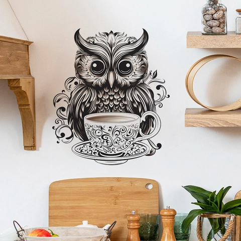Artistic Owl Coffee Cup Wall Sticker PVC Waterproof Art Decal For Kitchen Cafe Restaurant Home Decor Modern Line Drawing Mural