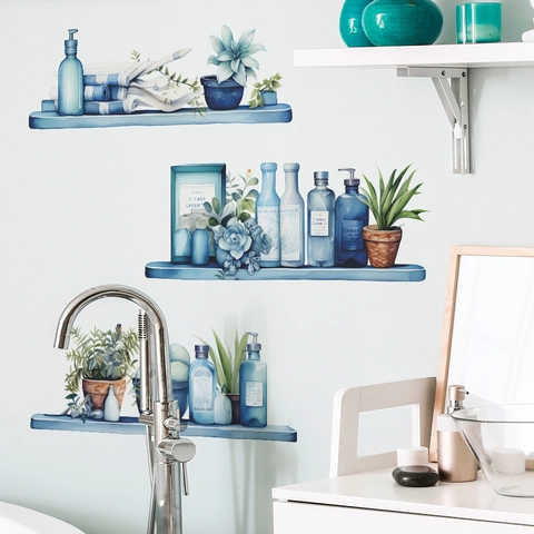 Sticker Mural Étagère Bouteille Bleu Aquarelle PVC Auto-Adhésif Imperméable Décoratif Pour Salon Chambre À Coucher Salle De Bain