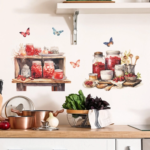 Watercolor Butterfly Kitchen Jam Jar Wall Stickers PVC Self Adhesive Berries Food Decal For Dining Room Home Kitchen Decor