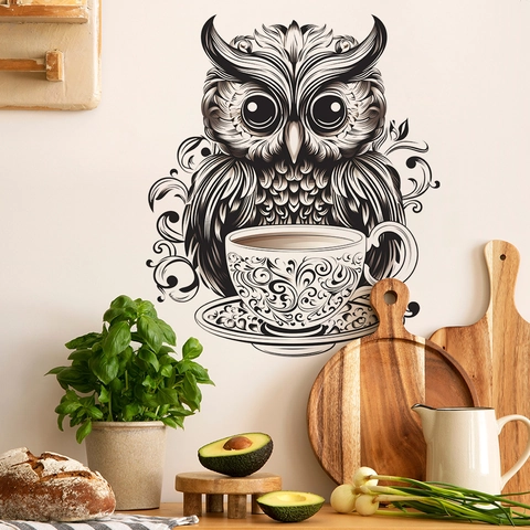 Artistic Owl Coffee Cup Wall Sticker PVC Waterproof Art Decal For Kitchen Cafe Restaurant Home Decor Modern Line Drawing Mural