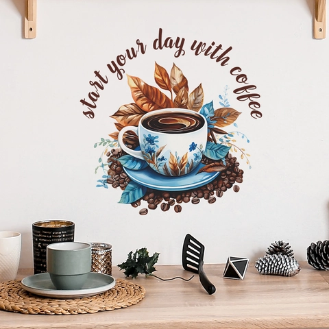 Coffee Theme Wall Sticker With Start Your Day With Coffee Lettering PVC Self Adhesive Decal For Kitchen Dining Room Pantry