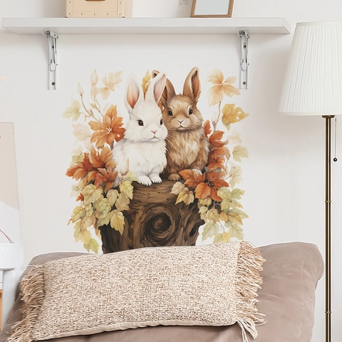 Cartoon Rabbit Couple Autumn Leaves Wall Sticker PVC Waterproof Hand-painted Watercolor Decor For Living Room Bedroom