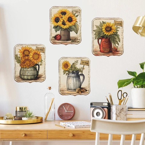Vintage Sonnenblumen Ölgemälde PVC Wandtattoo Für Wohnzimmer Schlafzimmer Ländlich Botanisch Floral Heim Verschönerung Deko Kunst Aufkleber