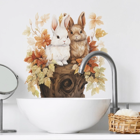 Cartoon Rabbit Couple Autumn Leaves Wall Sticker PVC Waterproof Hand-painted Watercolor Decor For Living Room Bedroom