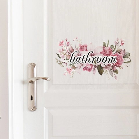 Romantic Pink Flower Wreath Bathroom Door Sticker PVC Self Adhesive Removable Wall Decal Sign Home Decor Bathroom Label