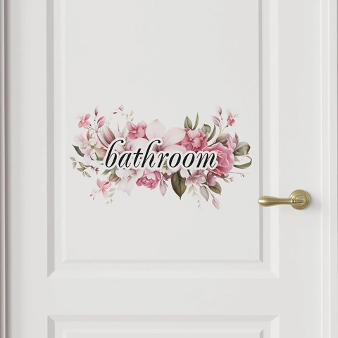 Romantic Pink Flower Wreath Bathroom Door Sticker PVC Self Adhesive Removable Wall Decal Sign Home Decor Bathroom Label