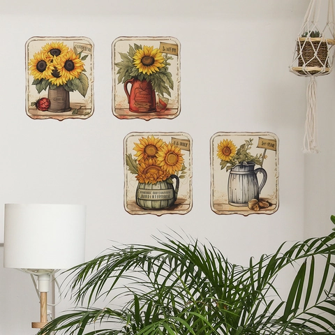Vintage Sonnenblumen Ölgemälde PVC Wandtattoo Für Wohnzimmer Schlafzimmer Ländlich Botanisch Floral Heim Verschönerung Deko Kunst Aufkleber