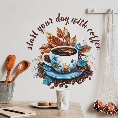 Coffee Theme Wall Sticker With Start Your Day With Coffee Lettering PVC Self Adhesive Decal For Kitchen Dining Room Pantry