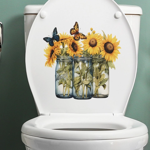 Adhesivo para Tapa de Inodoro con Tarros de Girasol PVC Impermeable Calcomanía Floral con Mariposas para Decoración de Baño