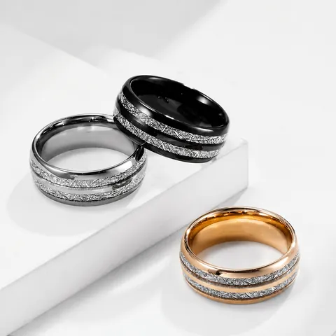 Men's Tungsten Steel Ring Double Groove Meteorite Inlay High Polished Band Wedding Engagement Ring Jewelry Gift