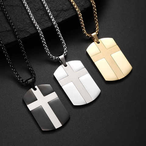 Collier Pendentif Croix Plaque d'Identité en Acier Inoxydable Hommes Femmes Punk Vintage Industriel Brossé Style Militaire Bijoux Chrétiens