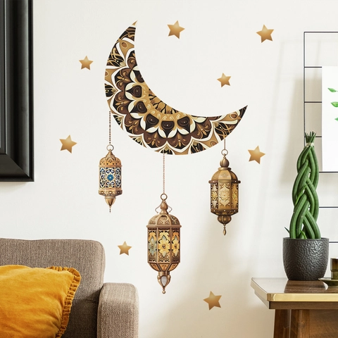 Pegatinas de Pared de Ramadan Eid Luna Estrella Linterna Patrón Mandala PVC Removible Decoración de Hogar para Sala de Estar