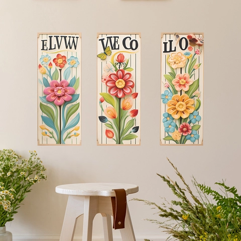 Tri-Panel 3D Effect Floral Wall Stickers Flower Bouquet Artistic Letter PVC Removable Decals For Living Room Bedroom Home Decor