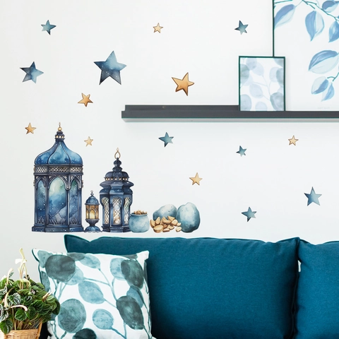 Ramadan Blue Watercolor Lantern Stars Wall Sticker Islamic Eid Mubarak Decor Home Living Room PVC Removable Decal Ornament