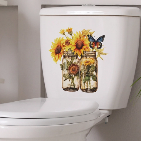 Pegatina para Inodoro de Girasol Mariposa Tarro de Cristal Impermeable PVC Decoración de Baño Calcomanía de Pared Floral Removible