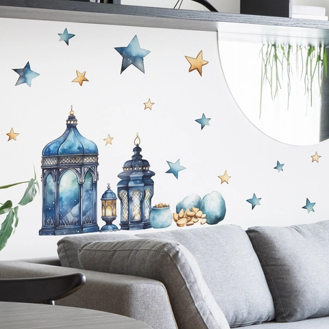 Adesivo da Parete Ramadan Blu Acquerello Lanterna Stelle Decorazione Islamica Eid Mubarak Casa Soggiorno PVC Rimovibile Ornamento