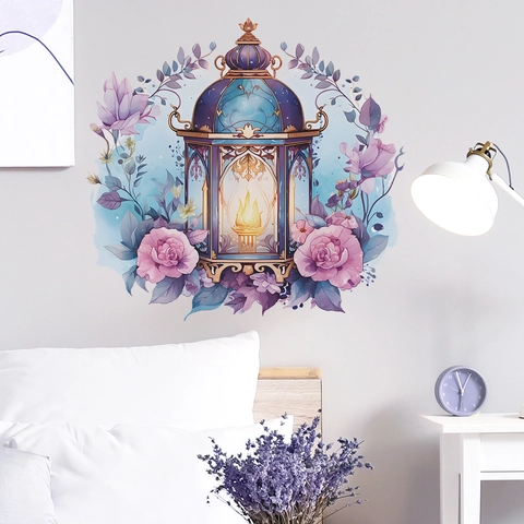 FX-F627 Pegatinas de Pared de PVC Linterna Vintage Azul Patrón Floral Rosa Vela Calcomanías de Pared para Dormitorio Sala de Estar Decoración Hogar