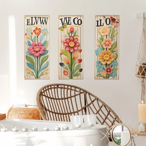 Tri-Panel 3D Effect Floral Wall Stickers Flower Bouquet Artistic Letter PVC Removable Decals For Living Room Bedroom Home Decor