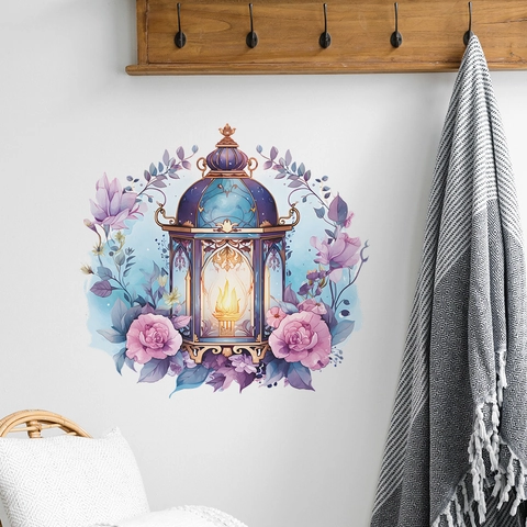 FX-F627 Pegatinas de Pared de PVC Linterna Vintage Azul Patrón Floral Rosa Vela Calcomanías de Pared para Dormitorio Sala de Estar Decoración Hogar