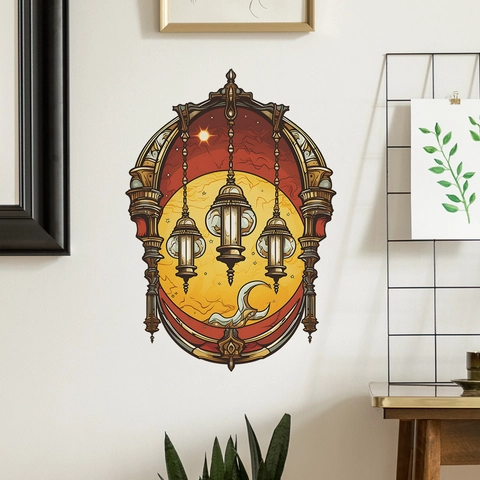 Vinilo Decorativo De Pared Linterna Retro Ramadán PVC Removible Vintage Étnico Luna Estrellas Mural Para Sala Dormitorio Hogar