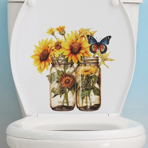 Pegatina para Inodoro de Girasol Mariposa Tarro de Cristal Impermeable PVC Decoración de Baño Calcomanía de Pared Floral Removible