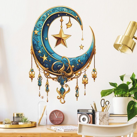 Adesivo Murale Mezzaluna E Stelle Stile Boho Blu Oro PVC Impermeabile Decorazione Per Casa Soggiorno Camera Da Letto
