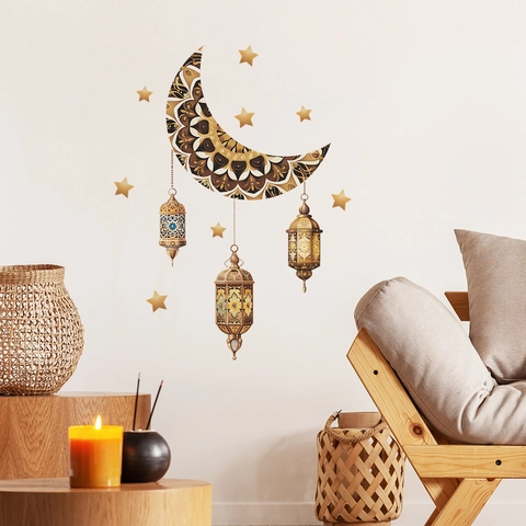 Pegatinas de Pared de Ramadan Eid Luna Estrella Linterna Patrón Mandala PVC Removible Decoración de Hogar para Sala de Estar