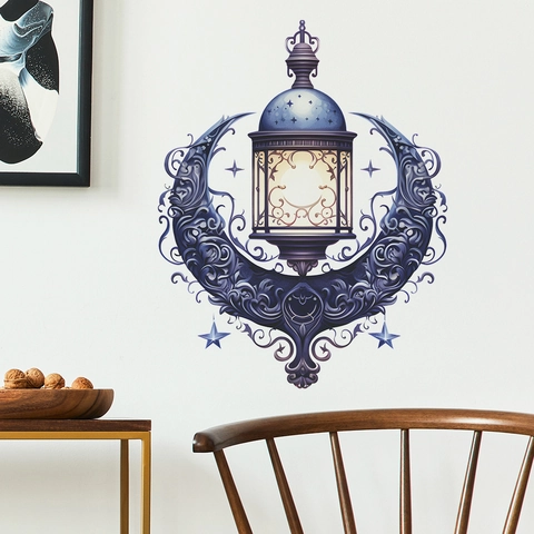 Adhesivo de Pared de PVC Retro Luna Creciente y Linterna Calcomanía con Patrón de Estrellas para Sala Dormitorio