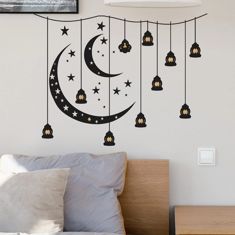 Pegatinas de Pared Creativas Luna Estrellas Farol Ramadán Eid Mubarak Decoración Hogar PVC Impermeable Removible Salón