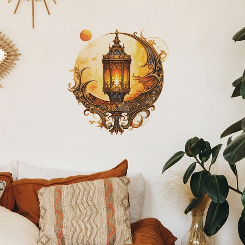 Pegatina de Pared de Estilo Étnico de Oriente Medio con Linterna y Luna Creciente Calcomanía Decorativa de PVC