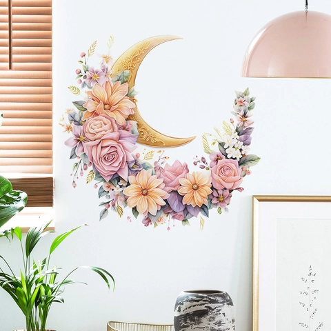 Adesivo da Parete a Forma di Luna Dorata con Fiori Sognante in Stile Acquerello Rosa per Camera dei Bambini Casa