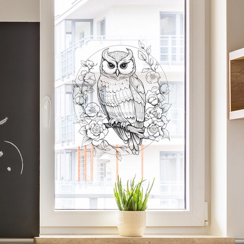 Adesivo da Parete con Gufo e Fiori in Stile Schizzo PVC Removibile per Soggiorno Camera da Letto Studio Casa Decorazione Vetro