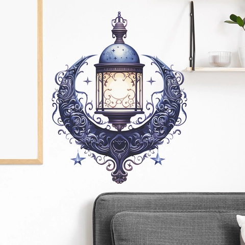 Adhesivo de Pared de PVC Retro Luna Creciente y Linterna Calcomanía con Patrón de Estrellas para Sala Dormitorio