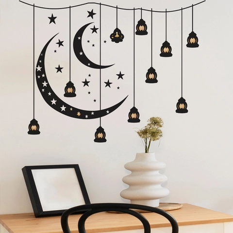 Pegatinas de Pared Creativas Luna Estrellas Farol Ramadán Eid Mubarak Decoración Hogar PVC Impermeable Removible Salón