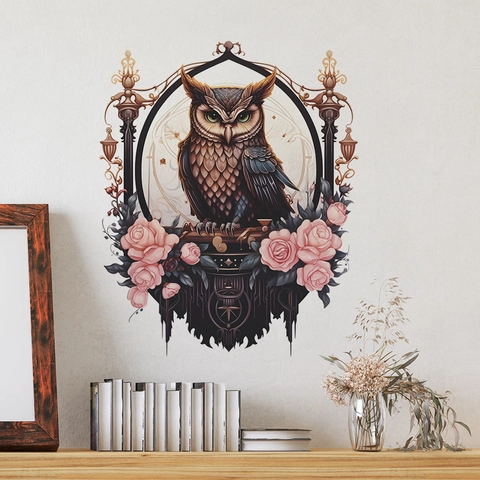 Vintage Gotik Eule Wandaufkleber Mit Rosa Rose Handgemalt PVC Wandtattoo Für Schlafzimmer Wohnzimmer Haus Kunst Deko