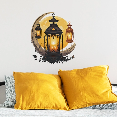 Pegatina De Pared Ramadan Kareem Luna Estrellas Linterna PVC Calcomanía Extraíble Para Sala De Estar Dormitorio Eid Mubarak