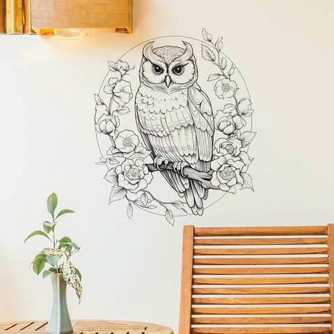 Adesivo da Parete con Gufo e Fiori in Stile Schizzo PVC Removibile per Soggiorno Camera da Letto Studio Casa Decorazione Vetro