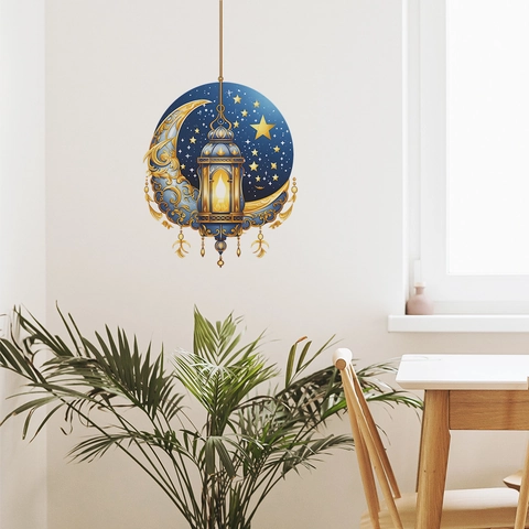 Pegatina de Pared Linterna Luna Ramadán Patrón Islámico Azul Oro Estrella PVC Calcomanía para Sala de Estar Dormitorio FX-F619