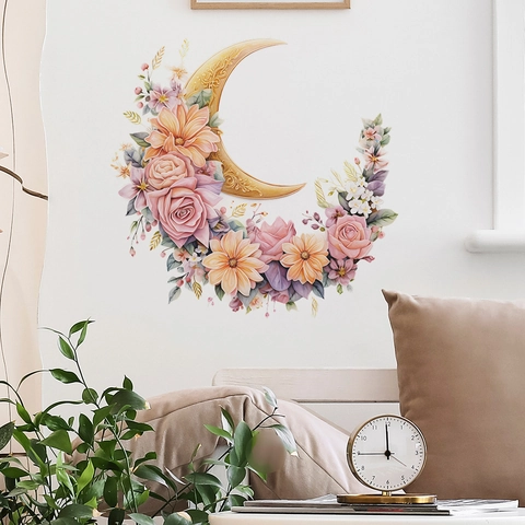 Adesivo da Parete a Forma di Luna Dorata con Fiori Sognante in Stile Acquerello Rosa per Camera dei Bambini Casa
