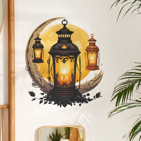 Pegatina De Pared Ramadan Kareem Luna Estrellas Linterna PVC Calcomanía Extraíble Para Sala De Estar Dormitorio Eid Mubarak