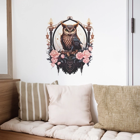 Vintage Gotik Eule Wandaufkleber Mit Rosa Rose Handgemalt PVC Wandtattoo Für Schlafzimmer Wohnzimmer Haus Kunst Deko