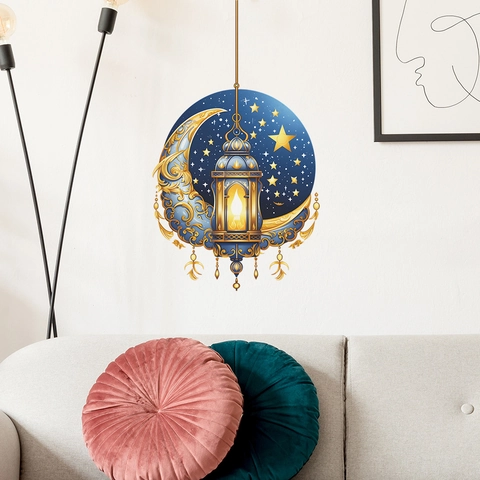 Pegatina de Pared Linterna Luna Ramadán Patrón Islámico Azul Oro Estrella PVC Calcomanía para Sala de Estar Dormitorio FX-F619