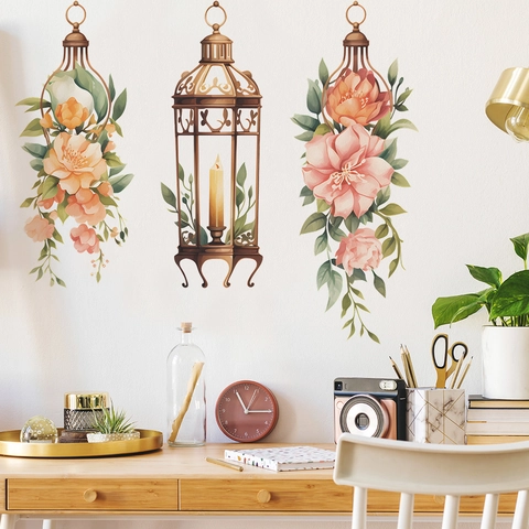 Adesivo da Parete Vintage Con Lanterne e Fiori del Medio Oriente PVC Removibile per Decorazione Casa Soggiorno Camera da Letto
