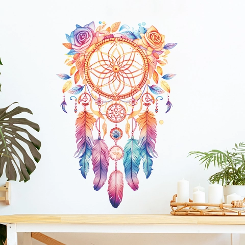 Adesivo da Parete Acchiappasogni Acquerello Piuma Rosa Fiore Boho PVC Autoadesivo per Camera da Letto Soggiorno Casa