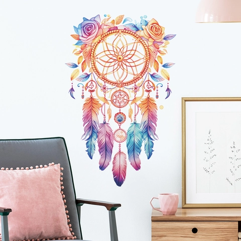 Adesivo da Parete Acchiappasogni Acquerello Piuma Rosa Fiore Boho PVC Autoadesivo per Camera da Letto Soggiorno Casa
