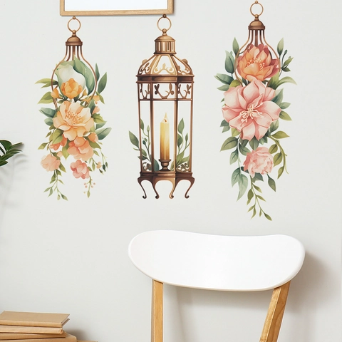 Adesivo da Parete Vintage Con Lanterne e Fiori del Medio Oriente PVC Removibile per Decorazione Casa Soggiorno Camera da Letto
