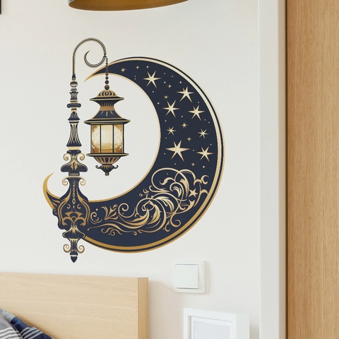 Pegatina de Pared Ramadan Luna Linterna Estrella Patrón Dorado Calcomanía Islámica Decoración de Hogar Sala Dormitorio